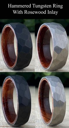 four different views of the same ring with wood inlay