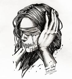 a black and white drawing of a woman's face with her hands on her head