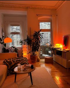 a living room filled with furniture and a fire place next to a large potted plant