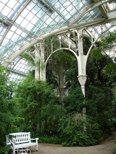 a white bench sitting under a glass roof