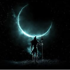 a person standing in the dark holding a pole with a crescent behind them and stars on the sky