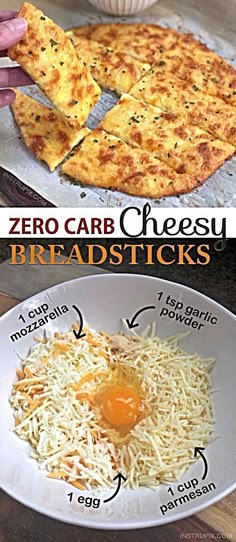 two pictures showing different types of cheeses and bread sticks with instructions on the side