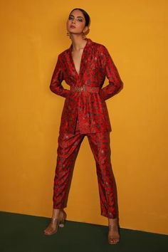 Shop for Miku Kumar Red Chanderi Silk Printed Jacket And Pant Set for Women Online at Aza Fashions Printed Jacket, Top And Pants Set, Silk Jacket, Silk Embroidery, Designer Gowns, Green Silk, Print Jacket, Pant Set, Kids Sleepwear