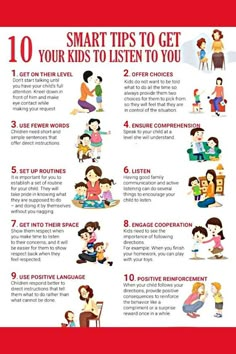 the 10 smart tips to get your kids to listen to you poster is shown in red and