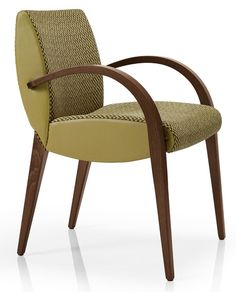 a green chair with wooden legs and arms