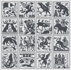 the cross stitch pattern is shown in black and white, with several images of different animals