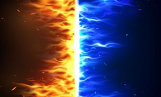 two different colored lines with fire and water in the middle one is blue and yellow