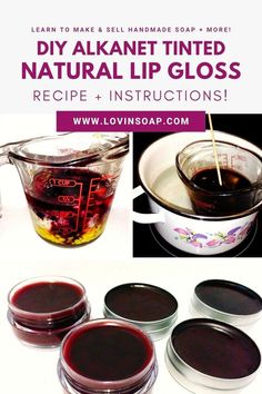 I’m changing it up a bit and posting a DIY Alkanet Tinted Natural Lip Gloss (Balm) recipe & instructions, instead of a soap recipe! This lip gloss in naturally tinted using alkanet! I’m not really a lipstick girl, so this is perfect for a natural looking tint. The secret to getting a super dark stain from the alkanet is to tint the whole recipe batch - not just the liquid oils. No straining is involved using this process. YAY! Let’s get to it! Read on the blog for the full recipe and tutoria Tinted Lip Balm Diy, Tinted Lip Balm Recipe, Natural Soaps Recipes, Natural Colorants, How To Make Soap, Cold Process Soap Recipes, Natural Lip Gloss