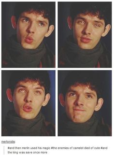 four different pictures of a man making faces with his scarf around his neck and nose