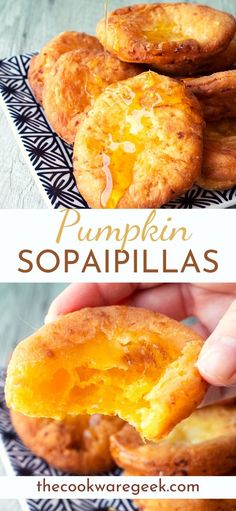 pumpkin sopapillas on a black and white plate with the text overlay