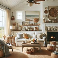 a living room filled with furniture and a fire place under a ceiling fan in front of a window