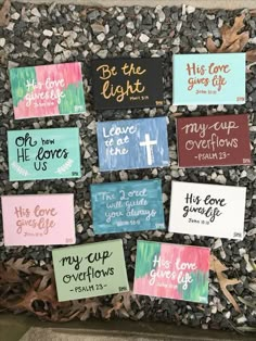 a bulletin board that has been decorated with bible verses and handwritten words on it