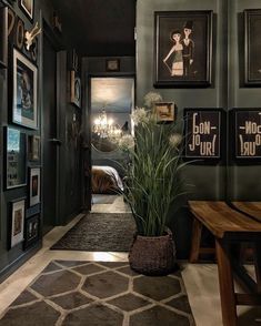 a long hallway with pictures on the wall and a plant in a pot next to it