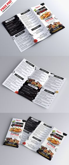 three different views of the menus and prices in this restaurant brochure design