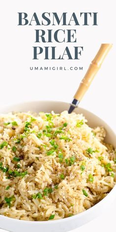 basmati rice pilaf in a white bowl with a wooden serving spoon