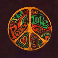 a peace sign painted on the side of a black background with words love, peace and hearts