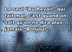 a rain covered window with the words le seul au revoir qui fatt mai,