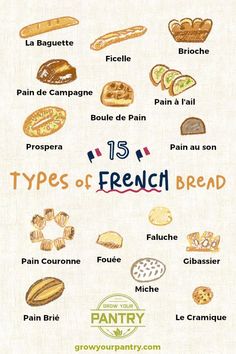 the types of french breads are shown in this poster, which includes different kinds of bread