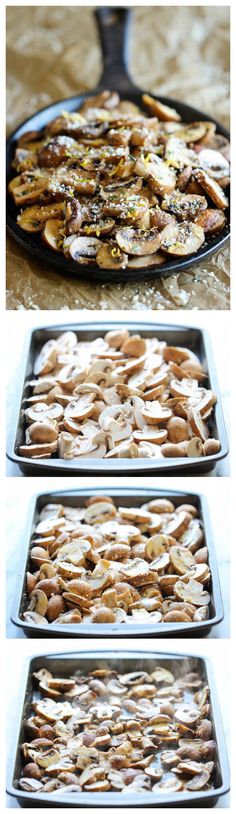 four images show different stages of making baked goods in pans and baking them on trays