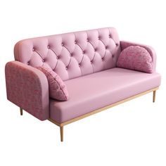 a pink couch sitting on top of a wooden frame