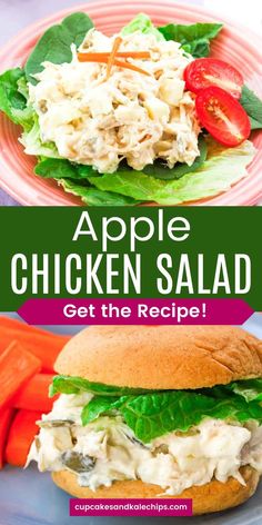 an apple chicken salad with lettuce, tomatoes and carrots on a plate