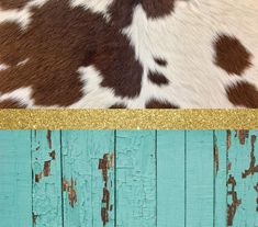 a cow skin pattern with gold glitter on the bottom and blue wood planks in the background