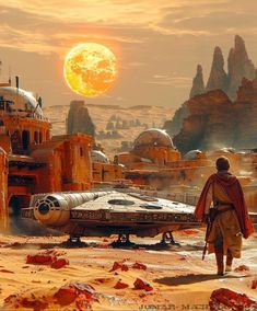 a man standing in front of a star wars scene looking at the moon over a desert