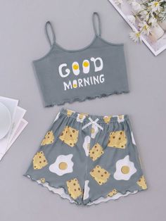 Tween Girls' Cheese And Egg Print Homewear Set Grey Cute    Cartoon,Letter Short Sets Slight Stretch  Tween Girls Clothing, size features are:Bust: ,Length: ,Sleeve Length: Cute Sets Outfits, Cute Kawaii Clothes