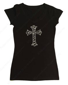 "This is for New Women's Fitted T-Shirt embellished with \" Black and Crystal Zebra Cross \" made in Rhinestones with a choice of V-Neck in Cap Sleeve or Long Sleeve Styles or Ribbed Razorback Tank Top. V-Neck in Cap Sleeve and Long Sleeve Styles Attributes are as follows: Made of 95% Cotton and 5% Spandex; Light Weight Combed Cotton Build to Stretch. Size Specifications for V-Neck in Cap Sleeve and Long Sleeve Styles are as follows: Small: Width 15\" X Length 25\" Medium: Width 16\" X Length 26 Zebra Cross, Rhinestone Shirts, Cross Shirts, Faith Cross, 2000s Fashion, Silver Cross, Dream Clothes, Cute Shirts, Cap Sleeve