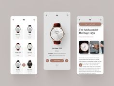 three mobile app screens displaying different watches