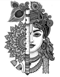 a drawing of a woman's face with feathers on her head and an instrument in her hand