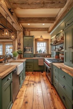 a kitchen with wooden floors and green cabinets