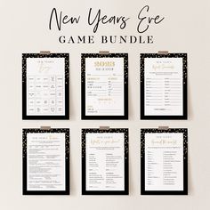 new year's eve game bundle with black and gold printables on it