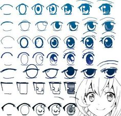 an anime character's eyes and their expressions are drawn in various ways, including the eye