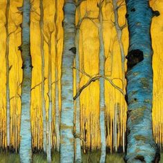 a painting of trees with yellow and blue leaves