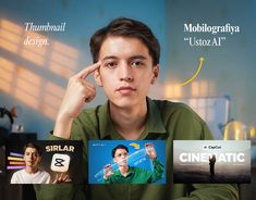 a young man sitting at a table in front of a computer screen with movie posters on it