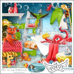 an image of a bathroom scene with octopus and sea animals in the bathtub surrounded by bubbles