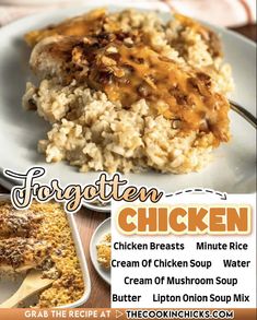 chicken and rice with gravy on the side is shown in this advertisement for frozen chicken