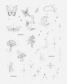 an ink drawing of different types of flowers and butterflies on white paper with stars, clouds, and moon