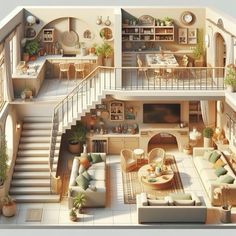 an aerial view of a living room and dining area in a house with stairs leading up to the second floor