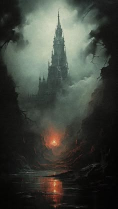 a painting of a castle in the middle of a dark forest with water and fog