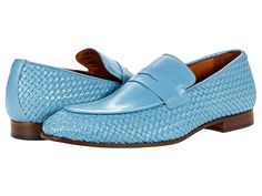 Massimo Matteo Ponte Vecchio Woven Penny - Men's Shoes : Light Blue : The Massimo Matteo Ponte Vecchio Woven Penny is a leather dress shoe that will bring your professional wardrobe to life with a vibrant pop of color! Slip-on loafer features penny strap and closed, rounded toe. Leather lining, insole, and sole. Low stacked heel. Made in Italy. Measurements: Weight: 13 oz Product measurements were taken using size 9, width D - Medium. Please note that measurements may vary by size. Weight of foo Summer Business Loafers With Textured Sole, Business Slip-ons With Leather Sole For Spring, Semi-formal Almond Toe Dress Shoes For Spring, Semi-formal Spring Dress Shoes With Almond Toe, Business Summer Loafers With Almond Toe, Summer Business Loafers With Almond Toe, Semi-formal Leather Shoes With Leather Sole For Spring, Semi-formal Slip-on Oxfords For Spring, Semi-formal Spring Leather Shoes With Leather Sole