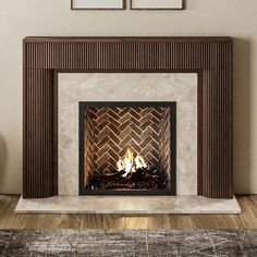 Hazel 56x42 Wood Mantel - Umber Stain Modern Mantels Fireplace, Fluted Wood Fireplace, Modern Fireplace Hearth, Mediterranean Fireplace Ideas, Wood Wall Fireplace, Modern Organic Fireplace, Modern Rustic Mantle, Living Room Fireplace With Tv, Modern Fireplace Mantles