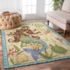 a rug with an image of mermaids on it in the middle of a living room