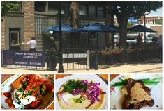 several pictures of food on plates and in front of a building with an iron fence