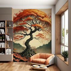 a living room with a large tree painted on the wall next to a chair and bookshelf