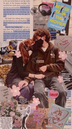 two people sitting on top of each other in front of a collage with pictures and words