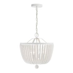 a white chandelier with beads hanging from it's center point on a chain