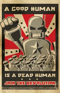 an old propaganda poster with a robot holding a hammer