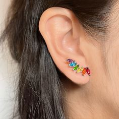 A pair of ear climber setting with six-colour pride rainbow zircon. 14K platinum-plated on alloy, 925 sterling silver needle Length approx 22mm Width approx 6mm Pride Jewelry Earrings, Ear Climbers Earrings, Ear Climber, Ear Climbers, Climber Earrings, Ear Jacket, Pride Rainbow, Rainbow Pride, Earrings Etsy